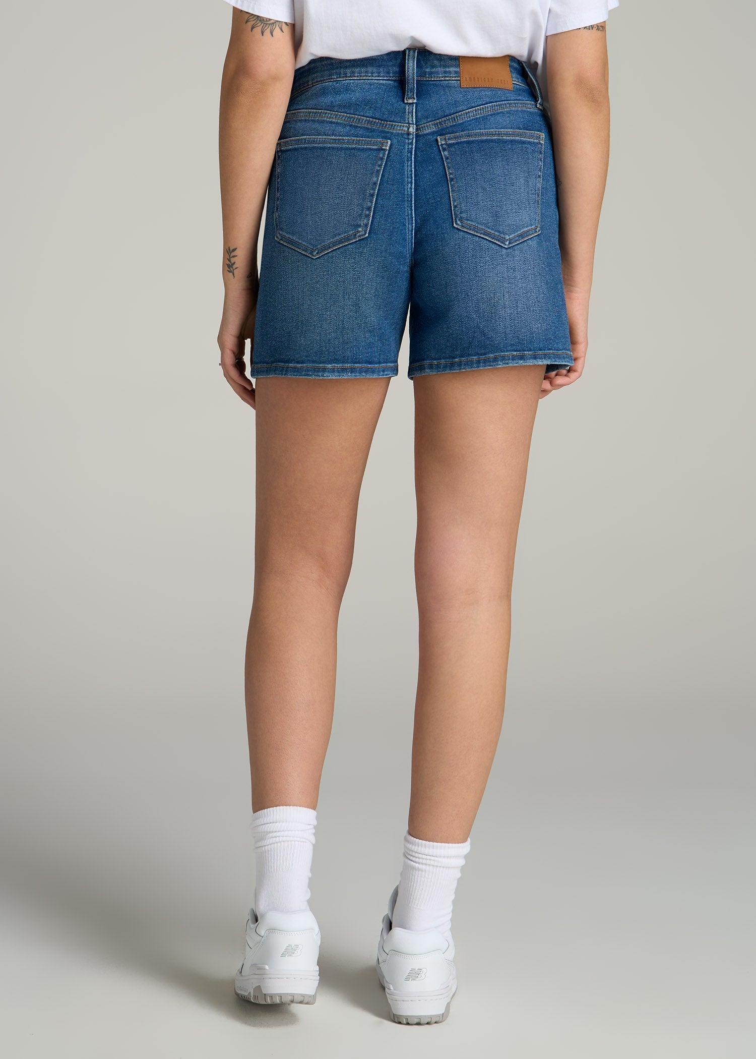 High Rise Denim Shorts for Tall Women in Classic Mid Blue Product Image