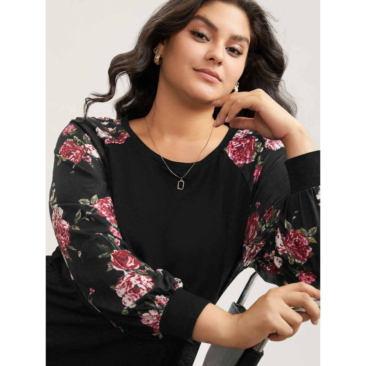 Plus Size Floral Patchwork Crew Neck Raglan Sleeve T-shirt Black Women Elegant Printed Floral Round Neck Dailywear T-shirts BloomChic 10/M Product Image