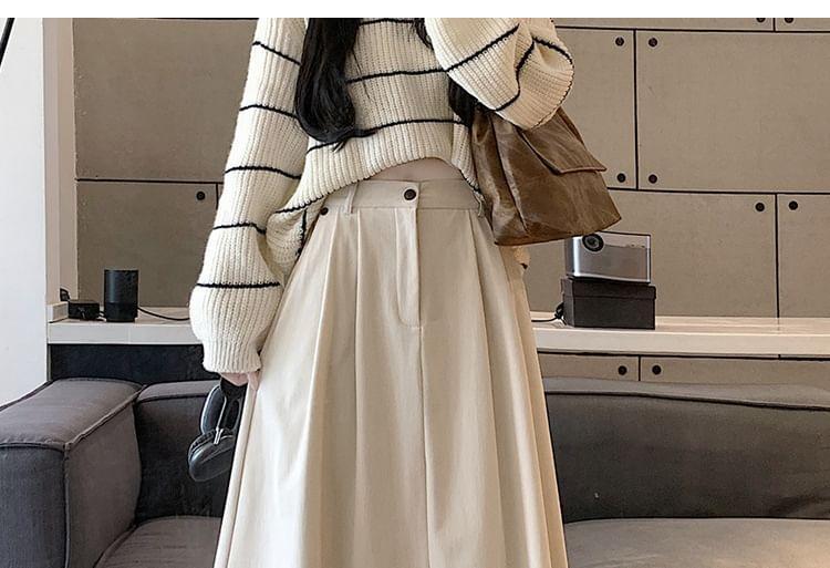 High Waist Plain Pleated Corduroy Midi A-Line Skirt Product Image