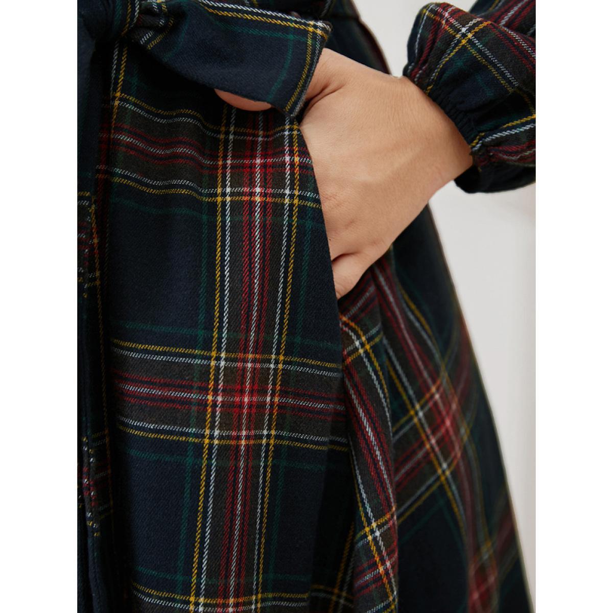 Plus Size Plaid Lantern Sleeve Pocket Belted Square Neck Dress Navy Women Elegant Pocket Square Neck Long Sleeve Curvy Midi Dress BloomChic 30/6X Product Image