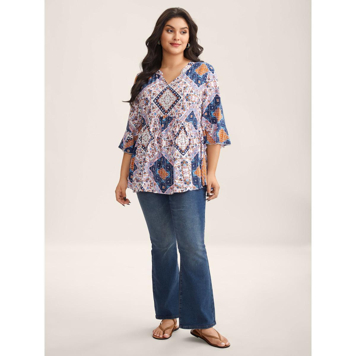 Plus Size Multicolor Boho Collage Print Notched Babydoll Top Women Elbow-length sleeve Notched collar Vacation Blouses BloomChic 28/5X Product Image