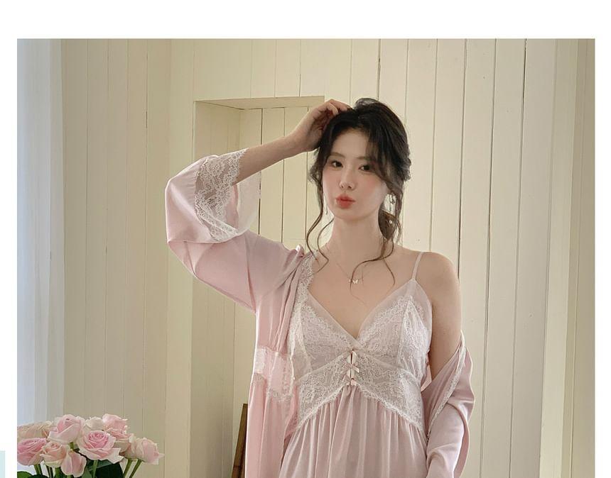 Pajama Set: Plain Lace Trim Robe + Spaghetti Strap Night Dress Product Image