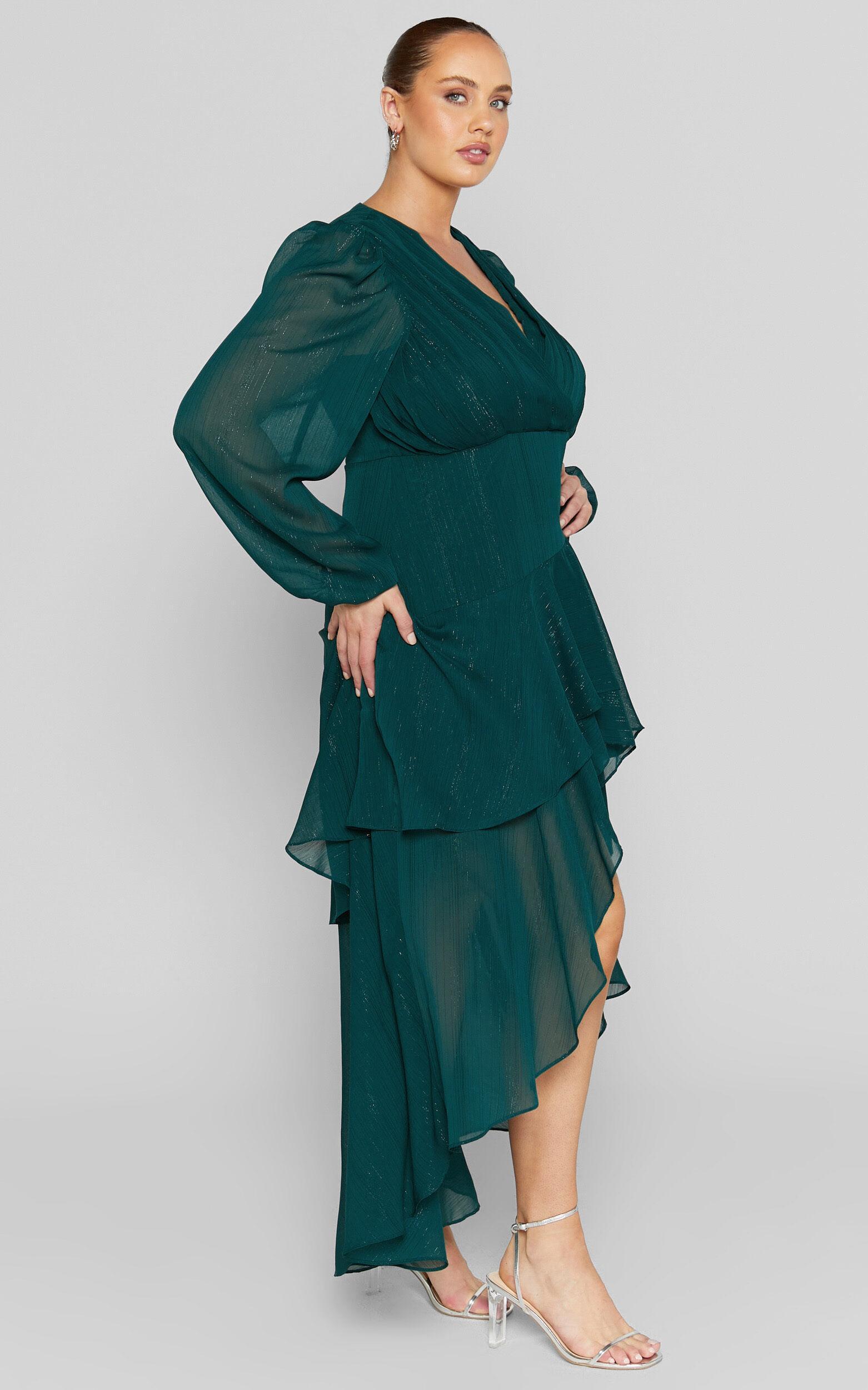 Claudita Midi Dress - Long Sleeve High Low Hem Dress in Emerald Product Image