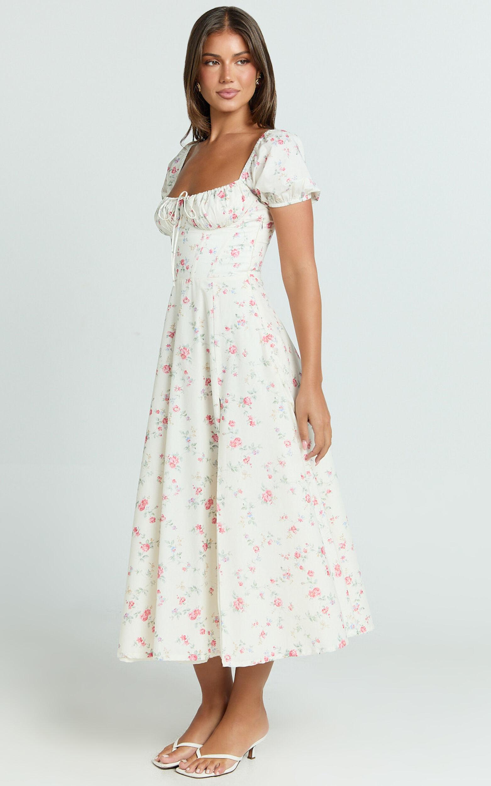 Imani Midi Dress - Puff Sleeve Square Neck Circle Skirt Dress in Cream Product Image