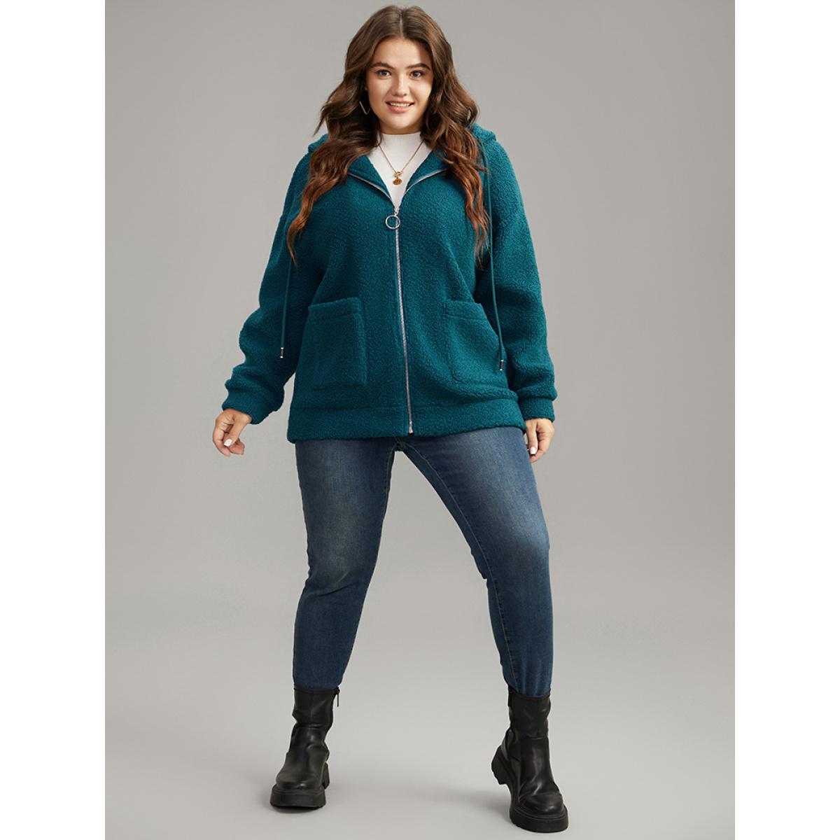 Plus Size Plain Texture O Ring Zipper Hooded Drawstring Jacket Women Aegean Texture Pocket Everyday Jackets BloomChic 22-24/3X Product Image