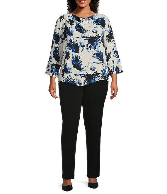 Investments Plus Size Woven Expressive Blooms 3/4 Ruffle Sleeve Cowl Neck Top Product Image