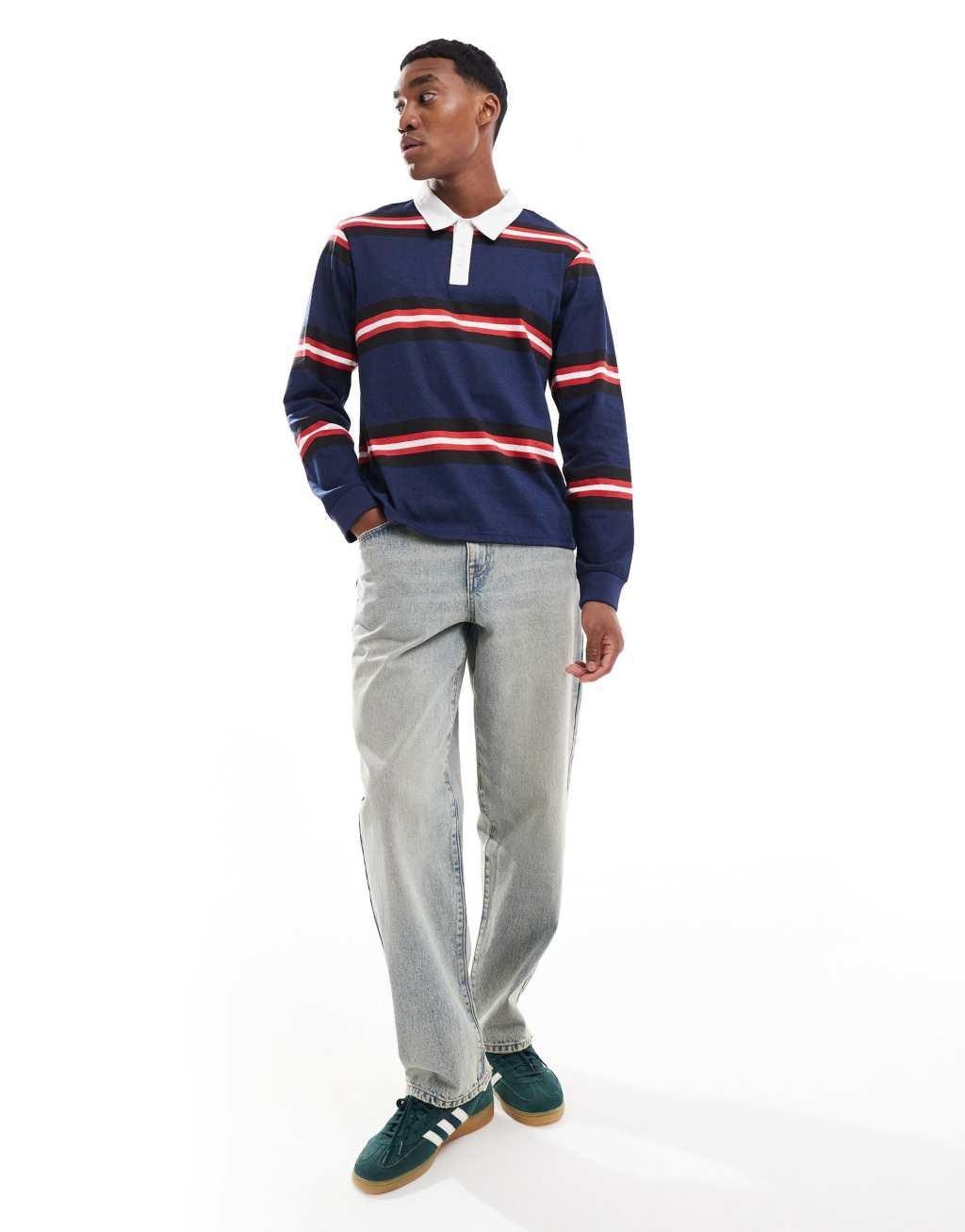 Another Influence striped long sleeve polo shirt in navy Product Image