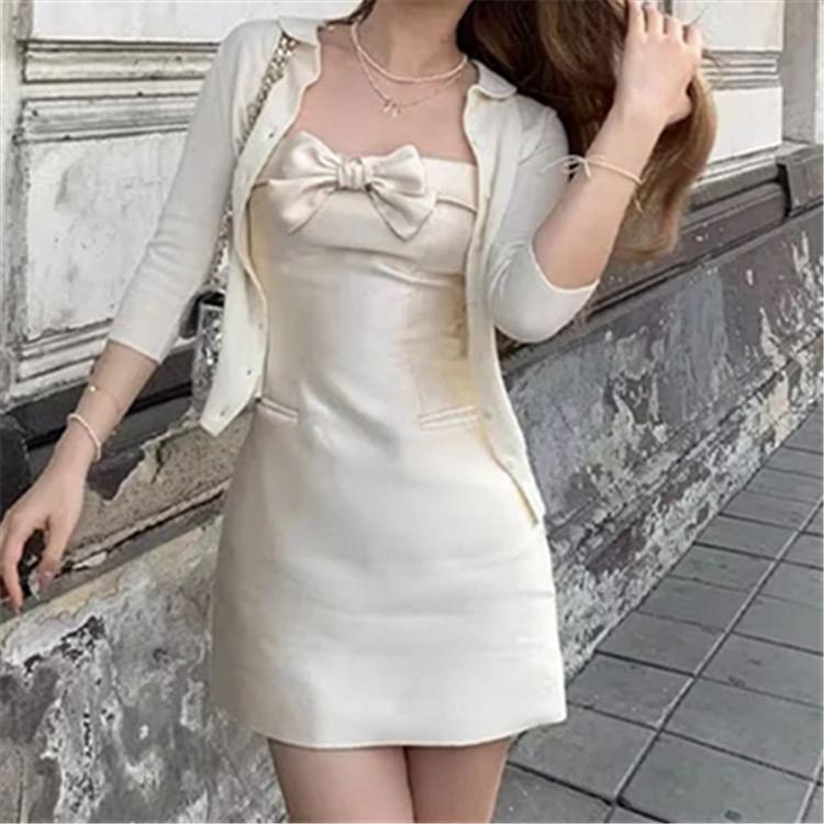 Sleeveless Bow Accent Satin Mini Bodycon Dress Product Image