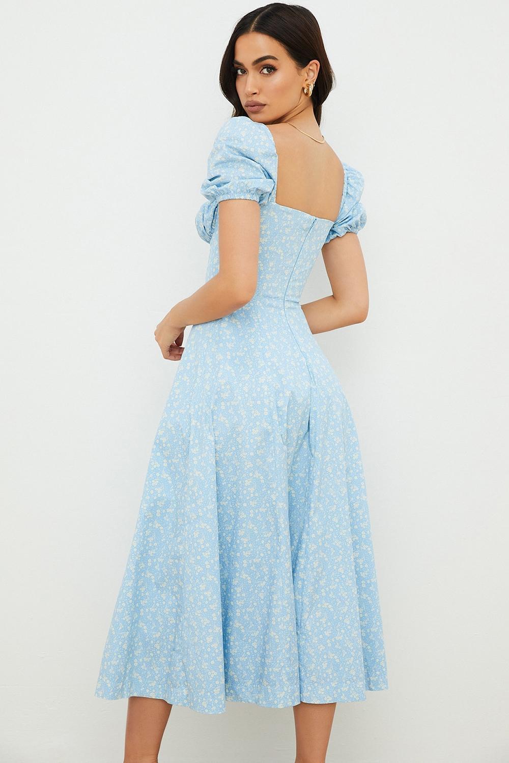 Tallulah Blue Ivory Floral Puff Sleeve Midi Dress Product Image