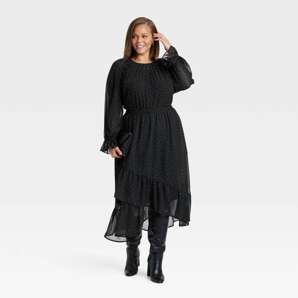 Women's Long Sleeve Ruffle Blouse - A New Day™ Black Polka Dots 3X: Chiffon Balloon Sleeve, Crew Neck Product Image