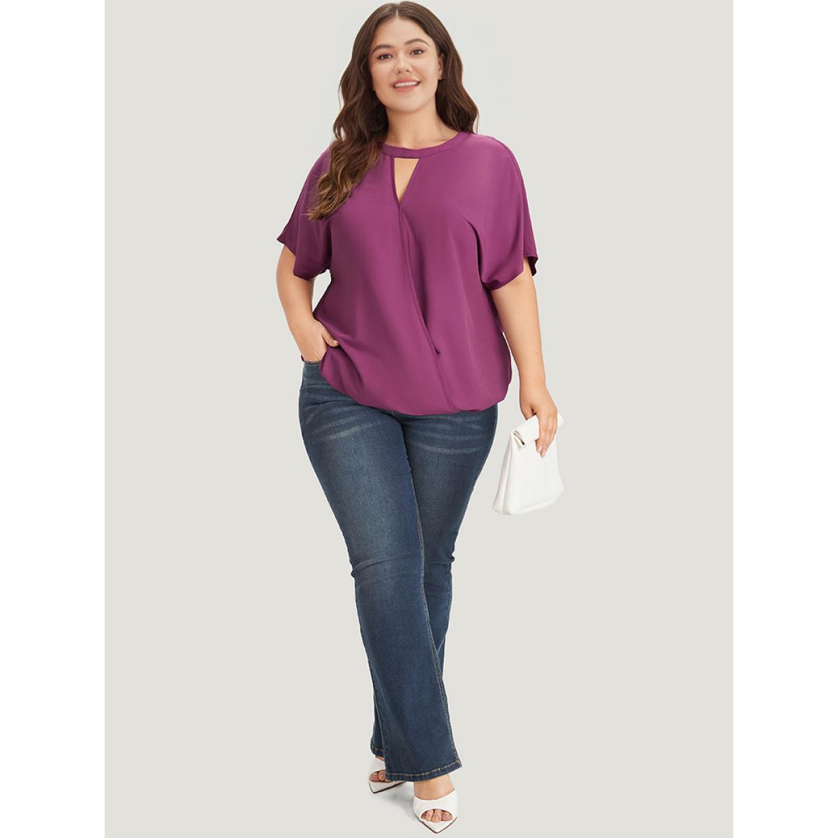 Plus Size Purple Solid Keyhole Gathered Dolman Sleeve Blouse Women Office Short sleeve V-neck Work Blouses BloomChic 14-16/1X Product Image