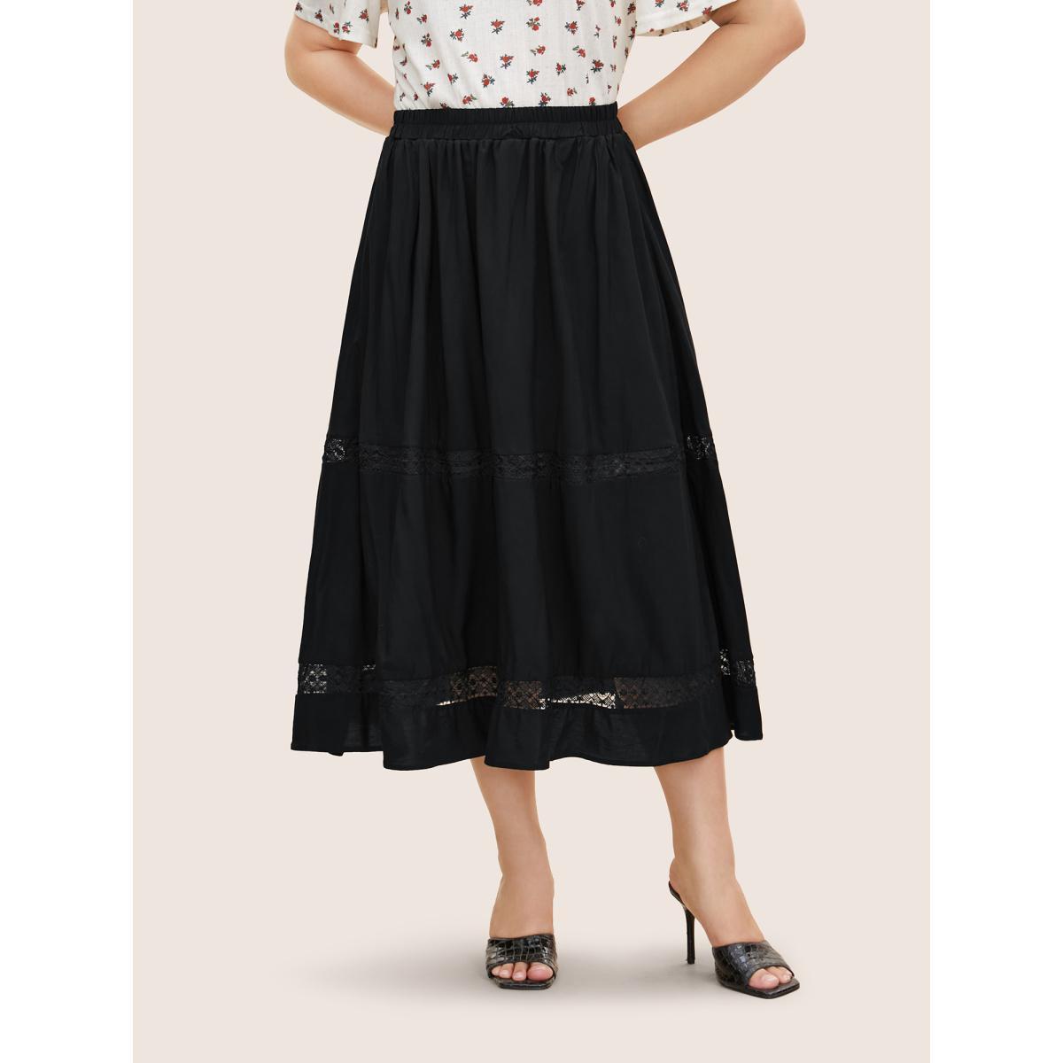Plus Size Lace Panel Elastic Waist Side Seam Pocket Skirt Women Black Elegant Pleated Loose High stretch Side seam pocket Everyday Skirts BloomChic 22-24/3X Product Image