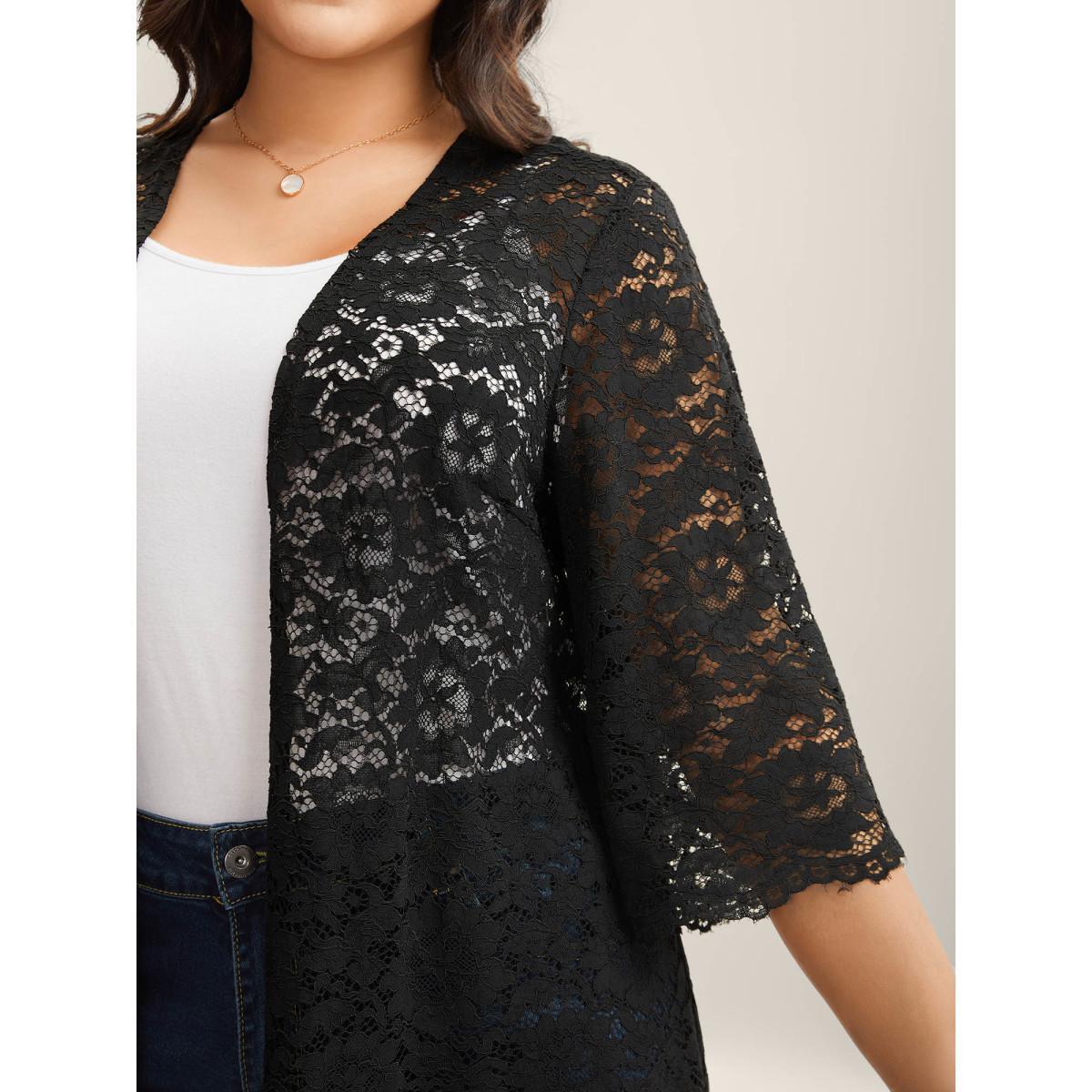 Plus Size Lace Sheer Scalloped Hem Kimono Women Black See through Loose Everyday-Elegant Kimonos BloomChic 30/6X Product Image