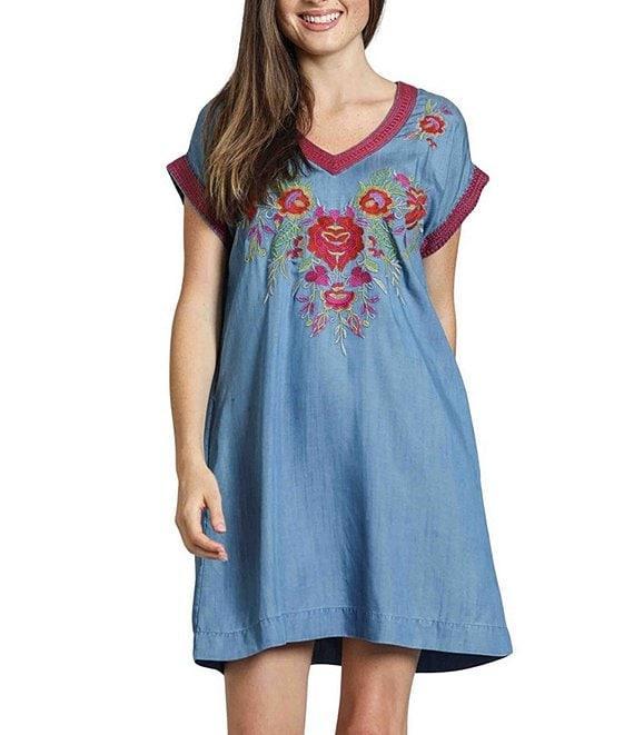 APNY Woven V-Neck Short Sleeves Embroidered A-Line Dress Product Image