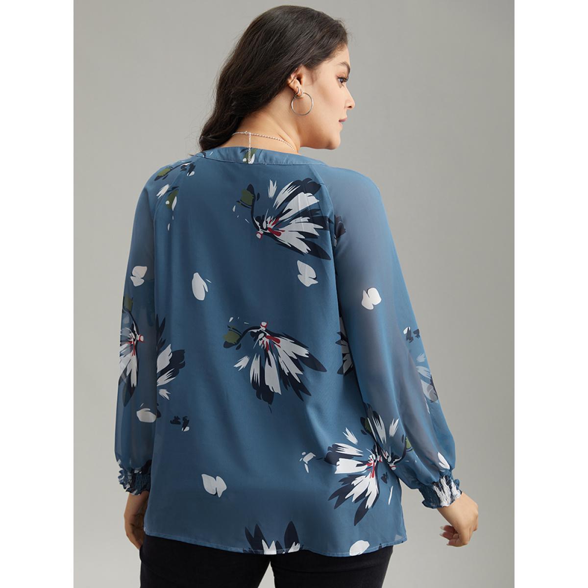 Plus Size Cerulean Floral Print Shirred Ruffles Mesh Blouse Women Elegant Long Sleeve V-neck Dailywear Blouses BloomChic 30/6X Product Image