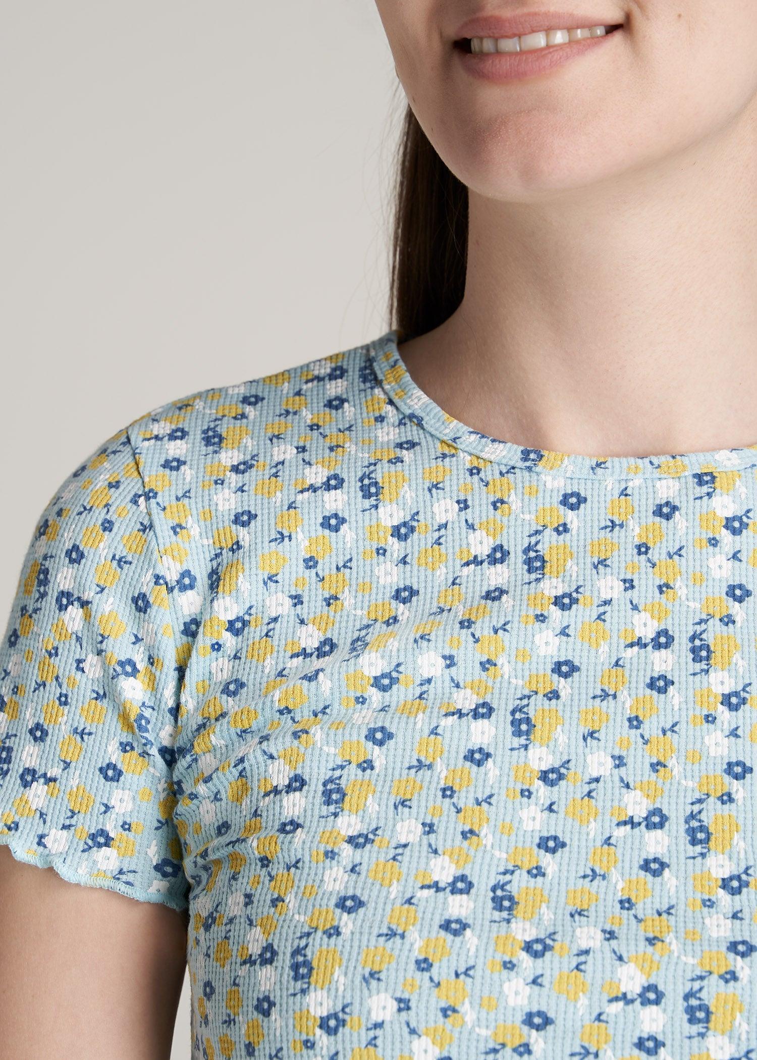 Cropped Waffle Tee for Tall Women in Corydalis Blue Floral Product Image
