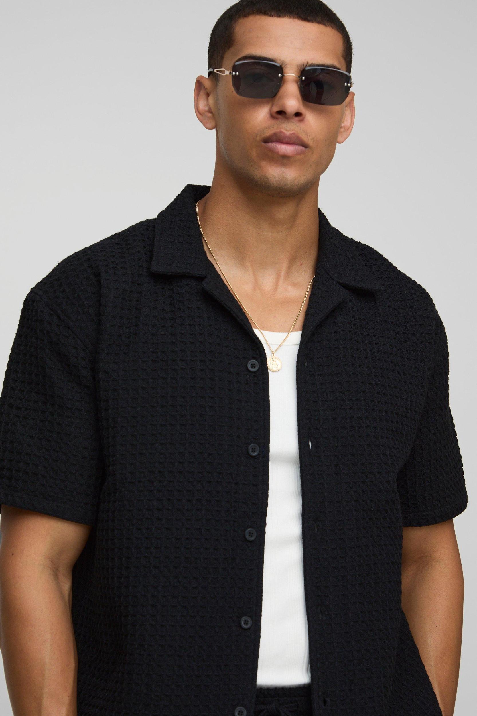 Oversized Jumbo Waffle Revere Shirt | boohooMAN USA Product Image
