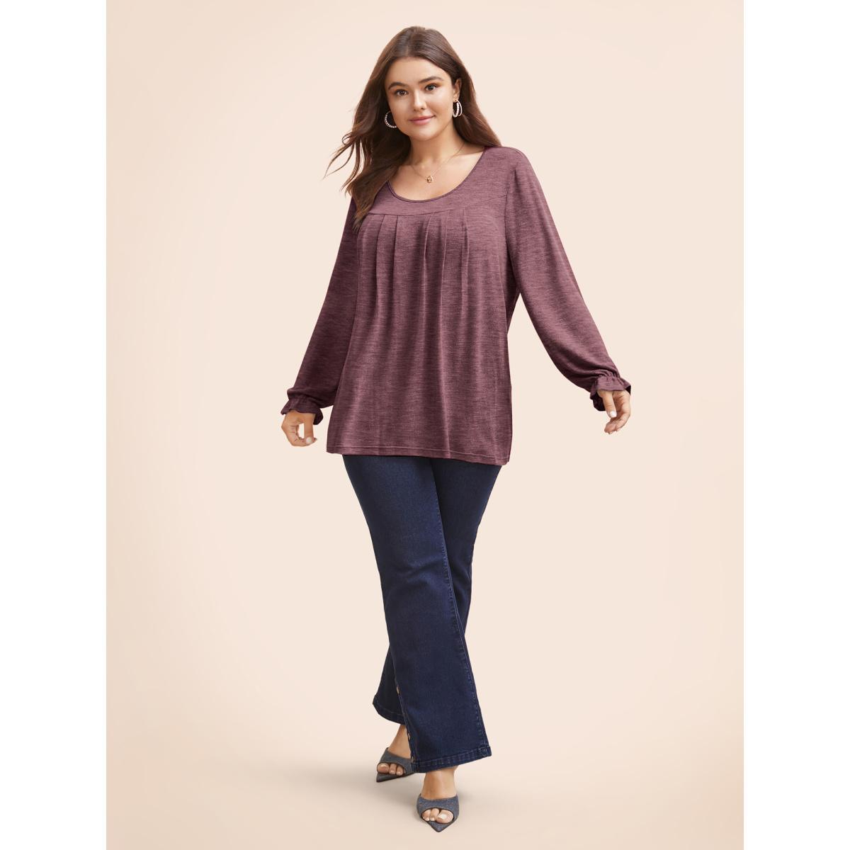 Plus Size Round Neck Heather Pleated T-shirt RedViolet Women Elegant Pleated Round Neck Loose Everyday T-shirts BloomChic 30/6X Product Image