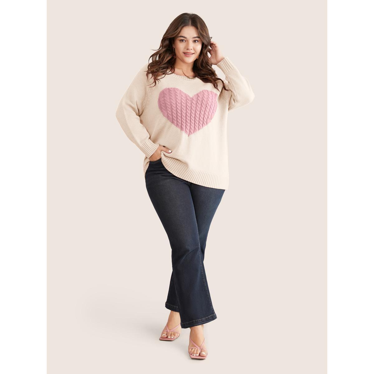 Plus Size Heart Cable Knit Two Tone Raglan Sleeve Pullover Ivory Women Casual Long Sleeve Round Neck Everyday Pullovers BloomChic 26/4X Product Image