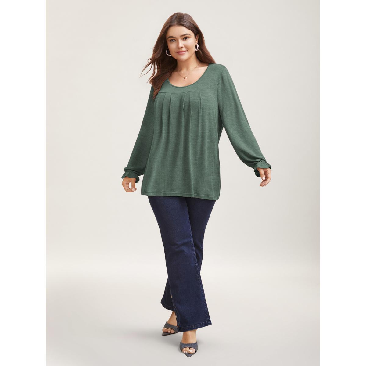 Plus Size Round Neck Heather Pleated T-shirt Emerald Women Elegant Pleated Round Neck Loose Everyday T-shirts BloomChic 12/L Product Image