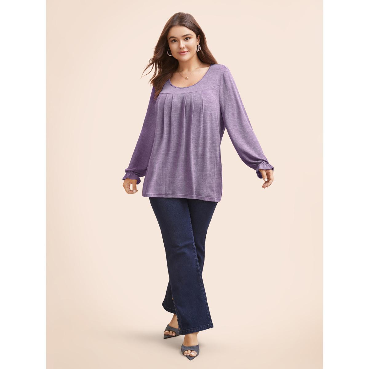 Plus Size Round Neck Heather Pleated T-shirt DarkBrown Women Elegant Pleated Round Neck Loose Everyday T-shirts BloomChic 28/5X Product Image