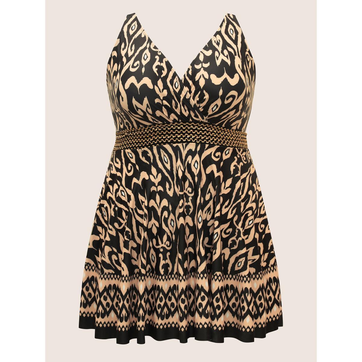 Plus Size Boho Print Overlap Collar Woven Ribbon Swim Dress Women's Swimwear Black Beach Bodycon Overlap Collar High stretch Curve Swim Dresses BloomChic 26/4X Product Image