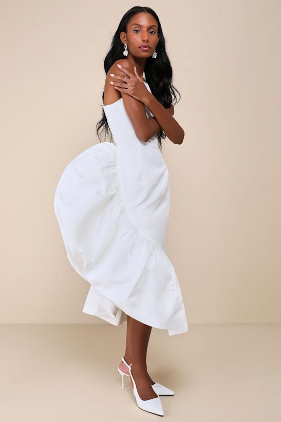 Magnificent Presence White Ruffled Asymmetrical Midi Dress Product Image
