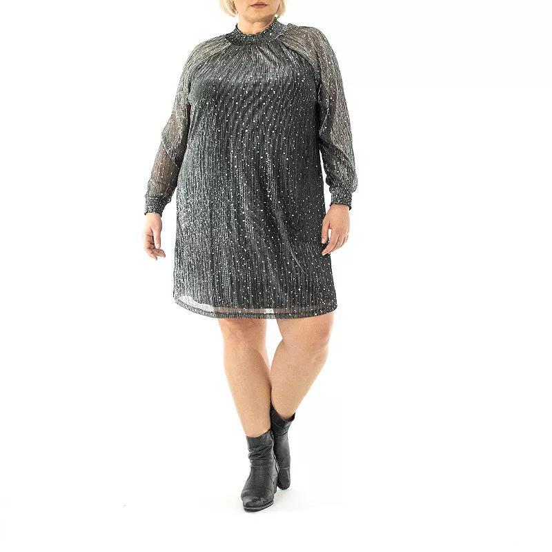 Plus Size Nina Leonard Smockneck Sequin Dress, Women's, Size: 2XL, Black Silver Product Image