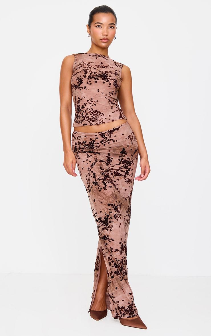 Mauve Floral Print Devore Mesh Backless Top Product Image