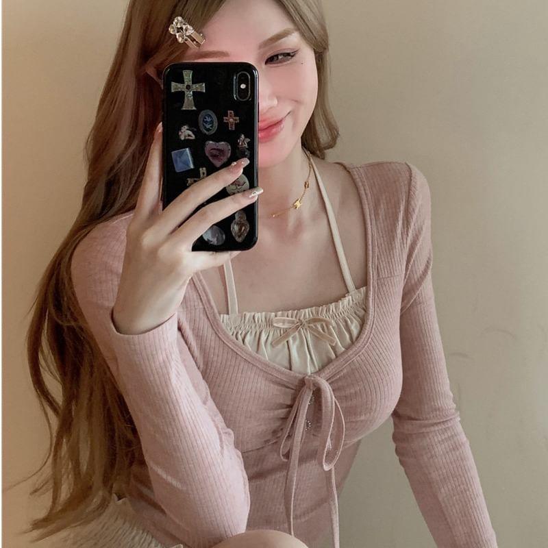 Balletcore Long-Sleeve Halter Bow Frill Mock Two Piece T-Shirt / High Waist Plain Tiered Mini A-Line Skirt Product Image