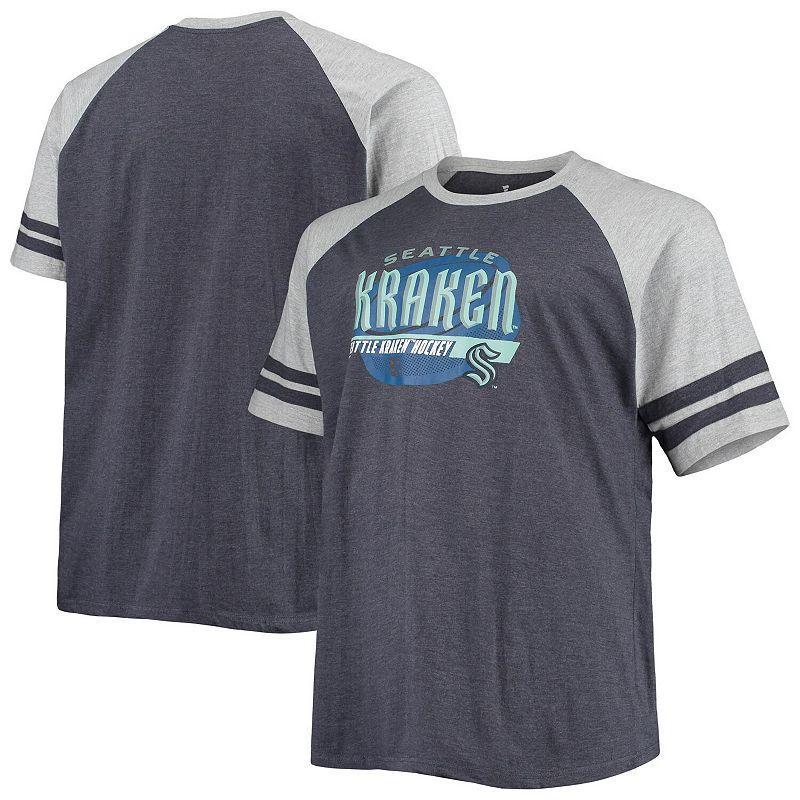 Men's Heathered Deep Sea Blue Seattle Kraken Big & Tall Raglan T-Shirt, Size: 2XLT, Krk Blue Product Image