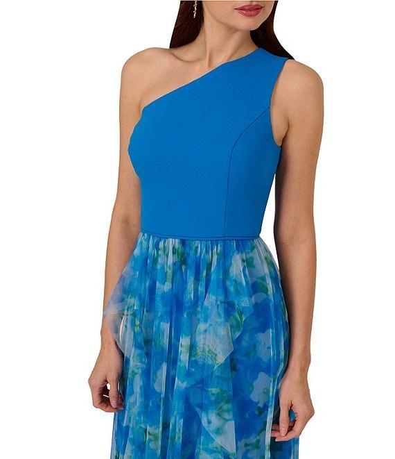 Adrianna Papell Mixed Media Floral Print One-Shoulder Neck Sleeveless A-Line Gown Product Image