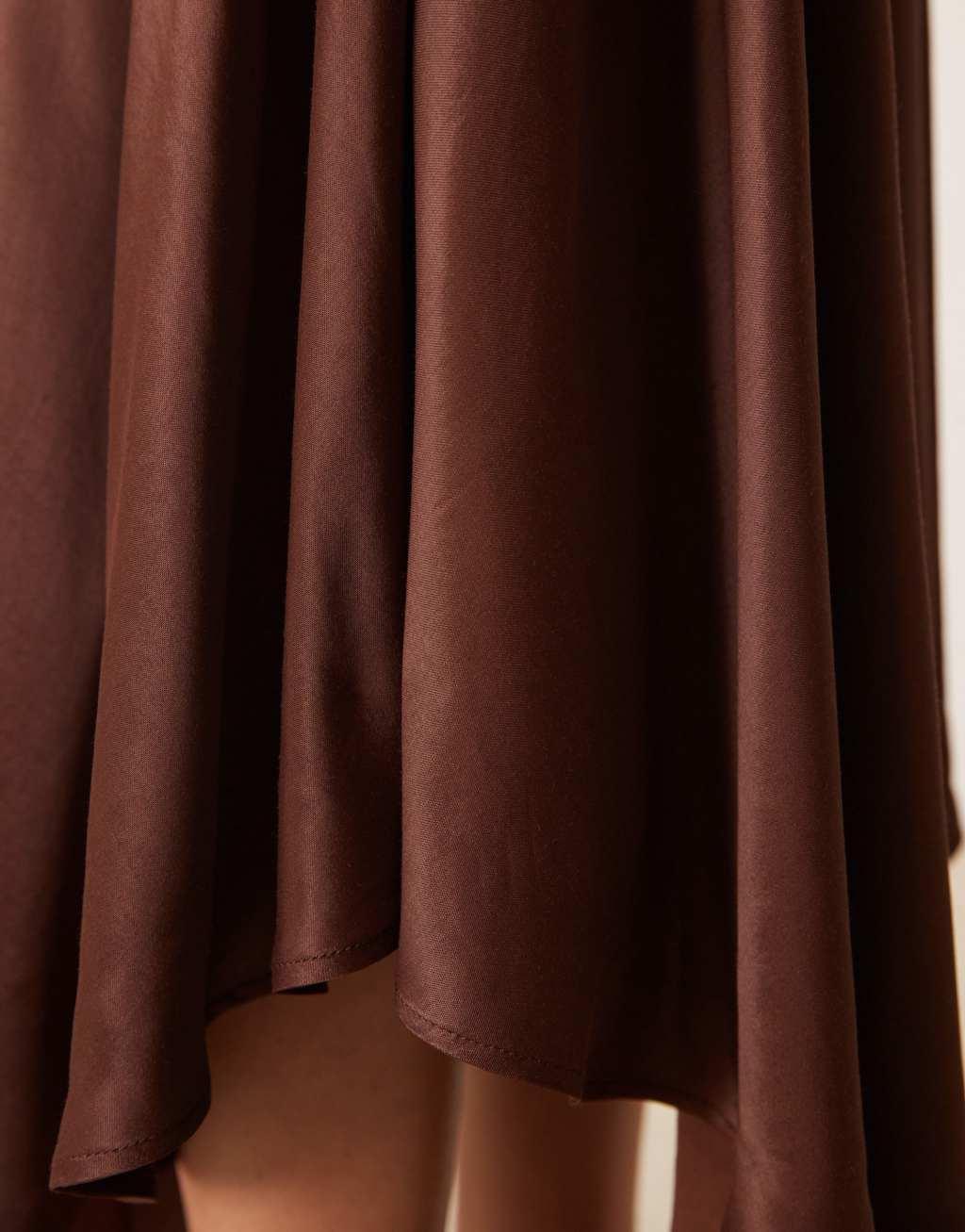 ASOS DESIGN satin asymmetric hem midi skirt in chocolate Product Image