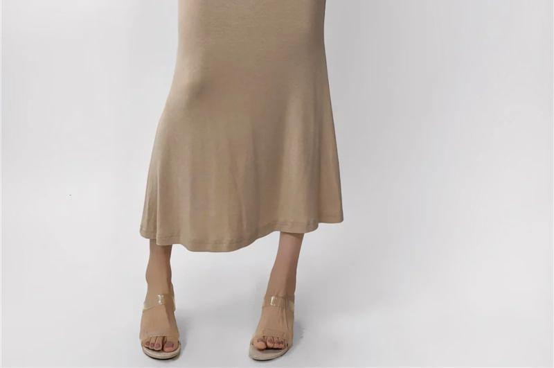 Mock Two-Piece Long-Sleeve Halter Cowl Neck Plain Midi Sheath Dress Product Image