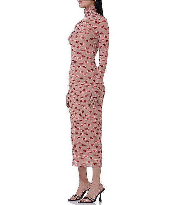 AFRM Shailene Mesh Novelty Kiss Print Turtleneck Long Sleeve Bodycon Dress Product Image