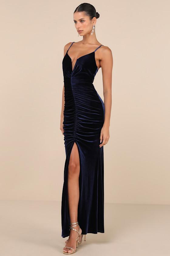 Stunning Invitation Navy Velvet Ruched Sleeveless Maxi Dress Product Image