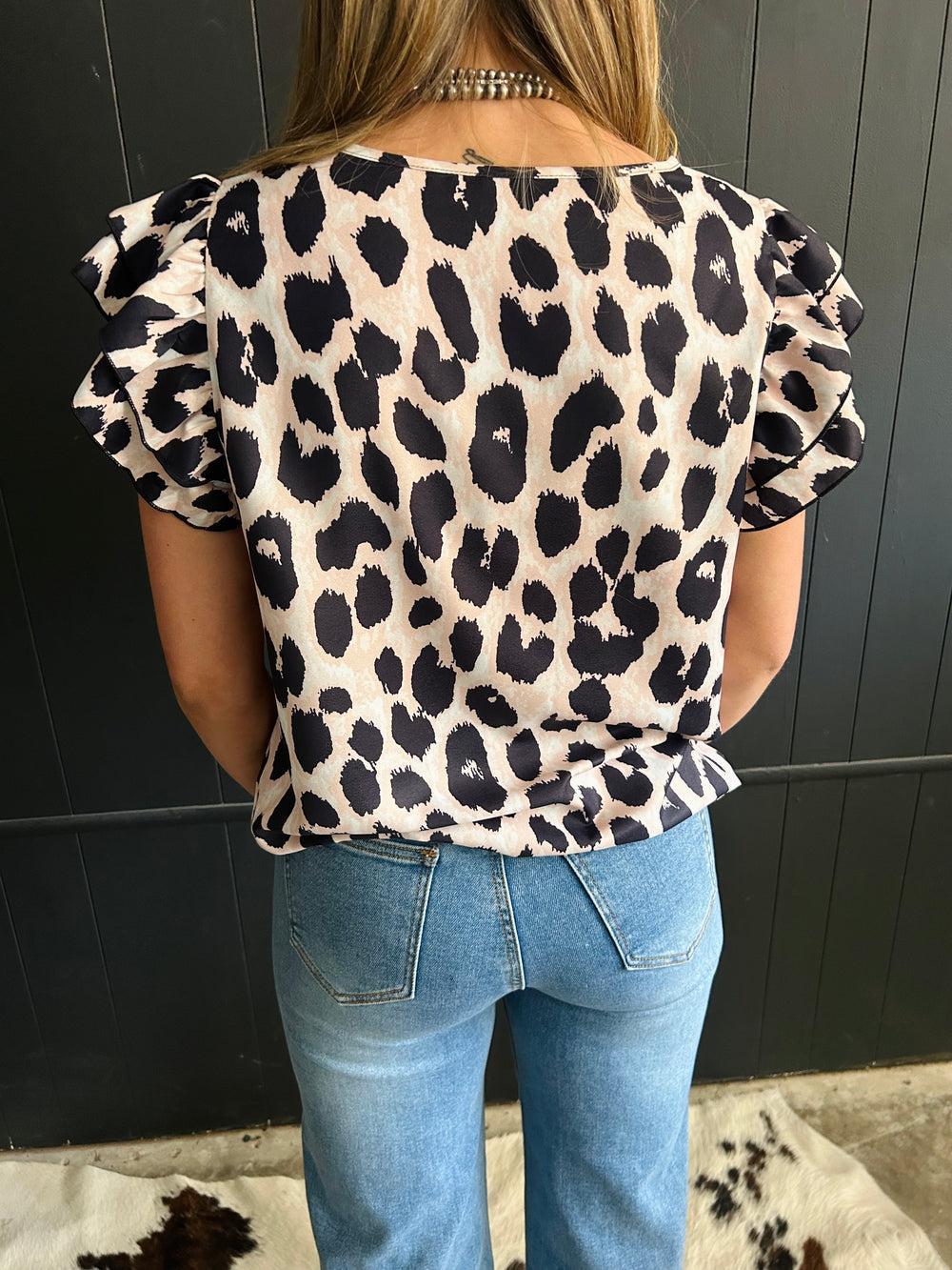 Khaki Leopard Ruffle Sleeve Top Product Image