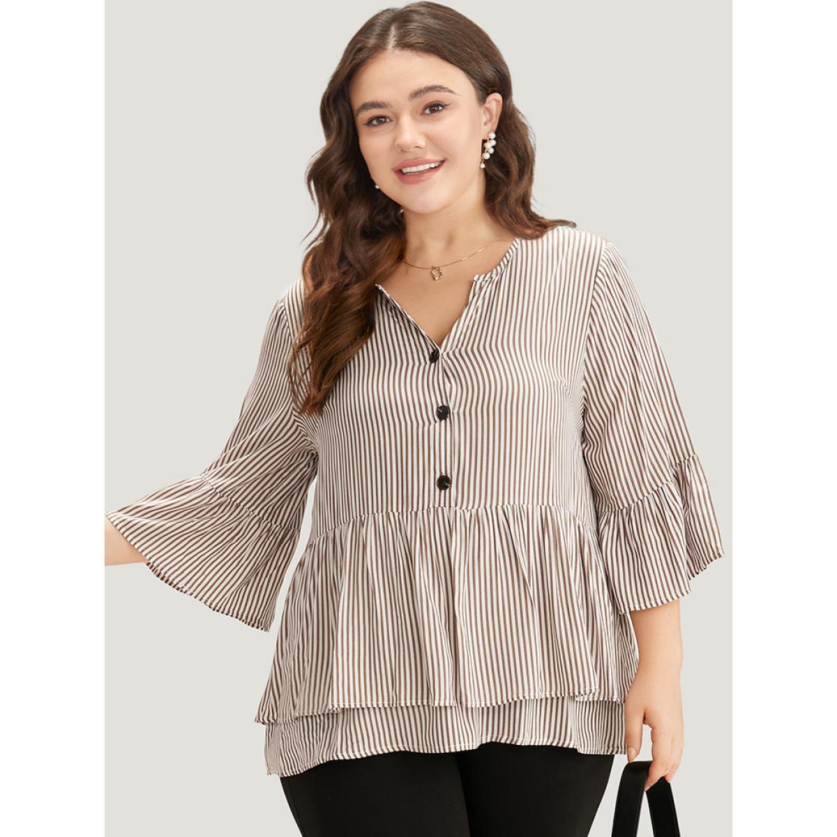 Plus Size Multicolor Striped Button Up Ruffles Bell Sleeve Blouse Women Office Elbow-length sleeve V-neck Work Blouses BloomChic 10/M Product Image