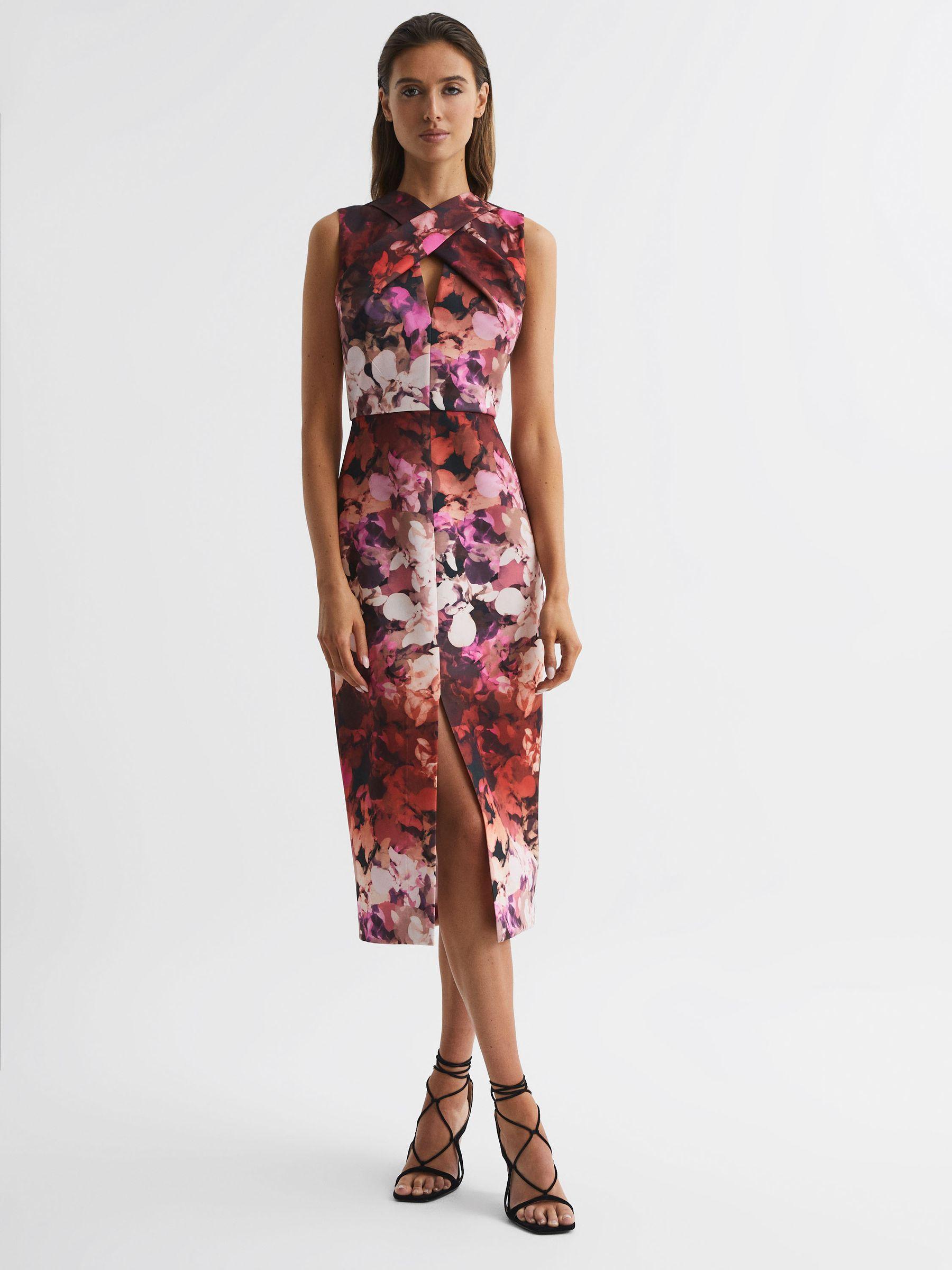 Floral Printed Bodycon Midi Dress in Berry Product Image
