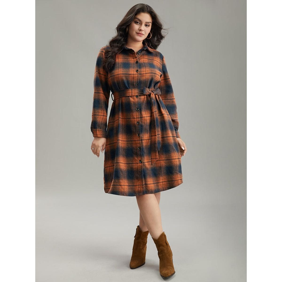 Plus Size Plaid Shirt Collar Belted Button Through Dress Rust Women Casual Belted Shirt collar Long Sleeve Curvy Midi Dress BloomChic 10/M Product Image
