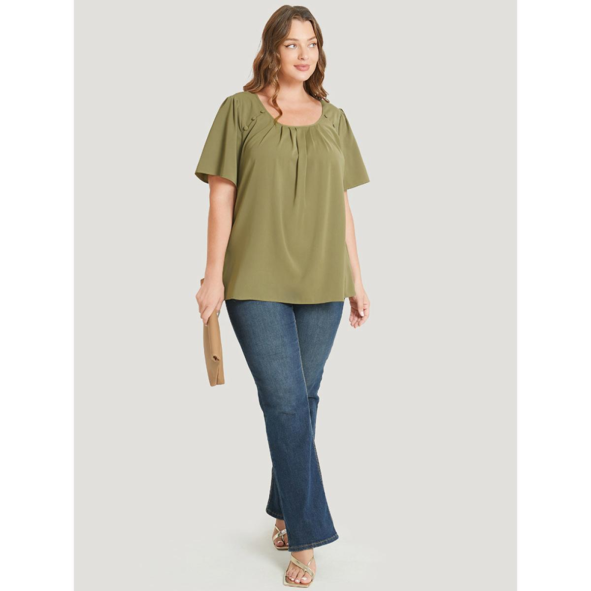 Plus Size SpringGreen Solid Pleated Button Detail Blouse Women Office Short sleeve Round Neck Work Blouses BloomChic 26/4X Product Image