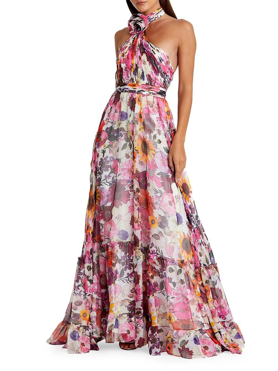 Mac Duggal Asymmetrical Ruffled Halter Floral Gown Product Image