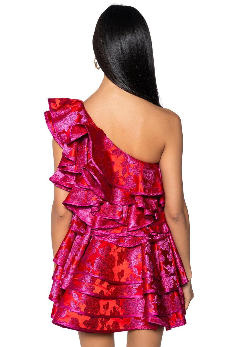 SHE IS BEAUTY BROCADE RUFFLE MINI DRESS Product Image
