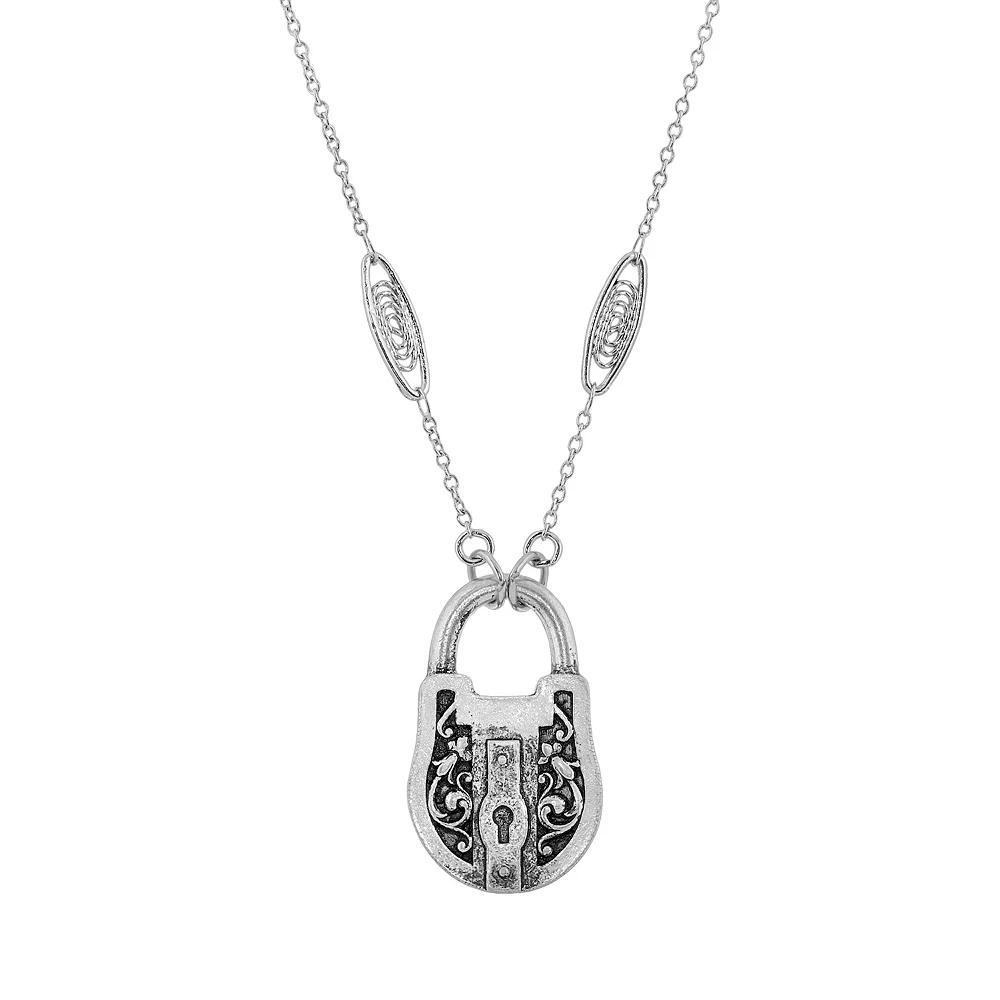 1928 Antiqued Silver Tone Padlock Necklace, Womens Product Image