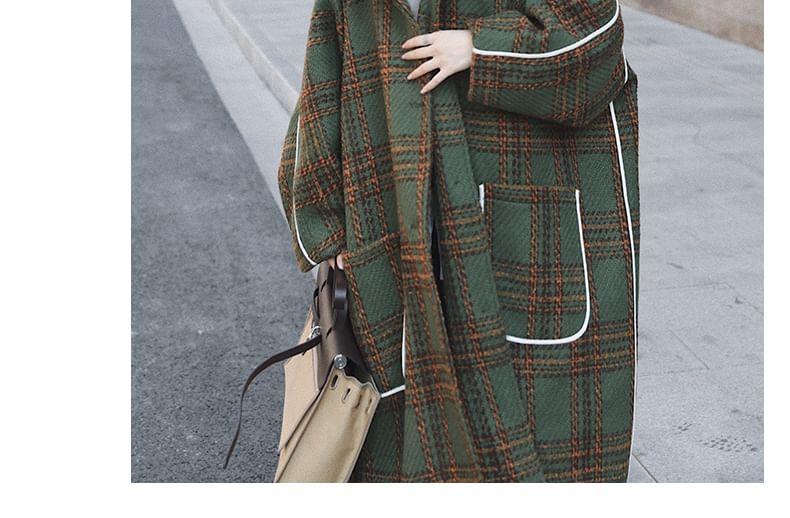 Plaid Contrast Trim Hooded Long Coat Product Image