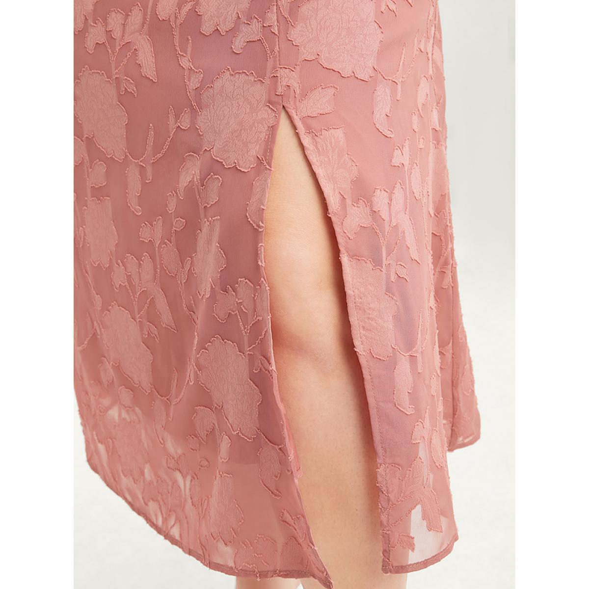 Plus Size Plain Surplice Neck Split Mesh Pocket Ruffles Dress Rouge Women Elegant See through Overlap Collar Short sleeve Curvy Long Dress BloomChic 10/M Product Image