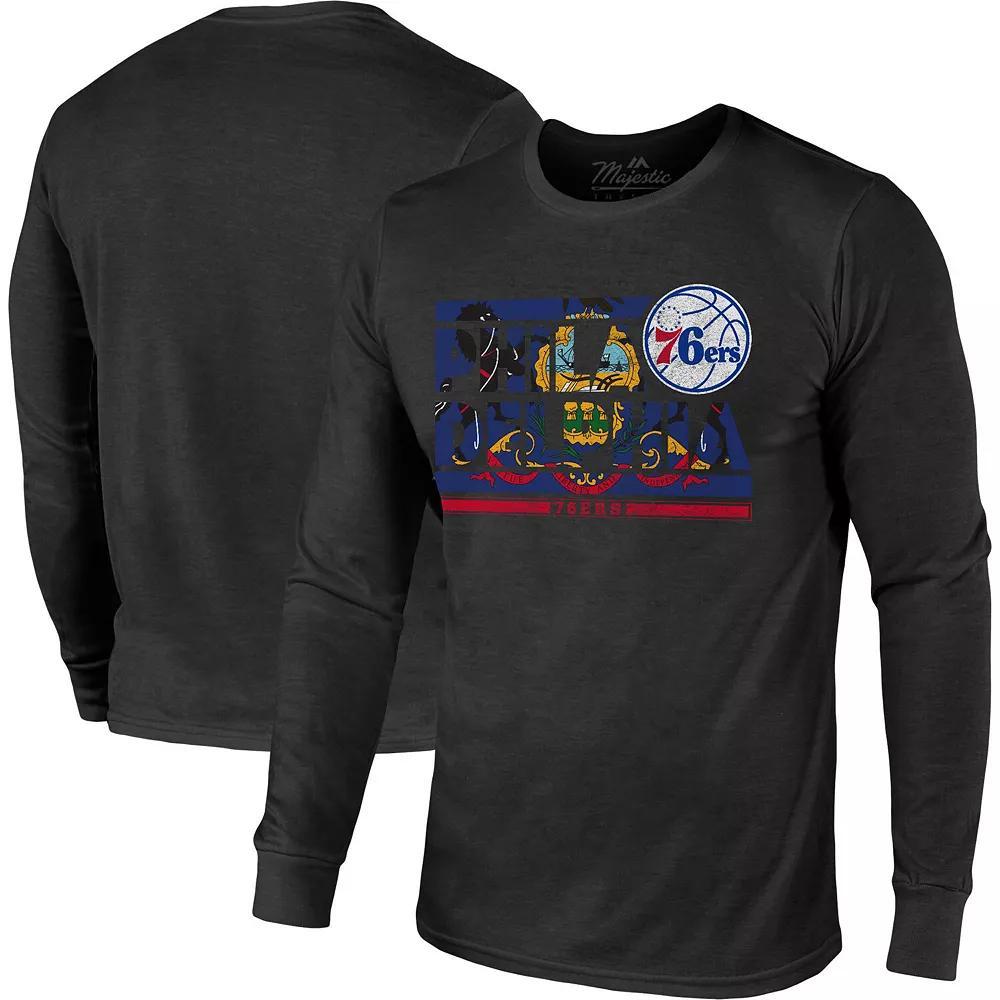 Men's Majestic Threads Black Philadelphia 76ers City and State Tri-Blend Long Sleeve T-Shirt, Size: Large, 76r Black Product Image