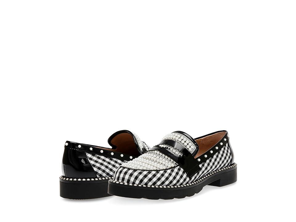 Betsey Johnson Womens Darian Pearl-Embellished Tailored Lug-Sole Loafers - Black Product Image