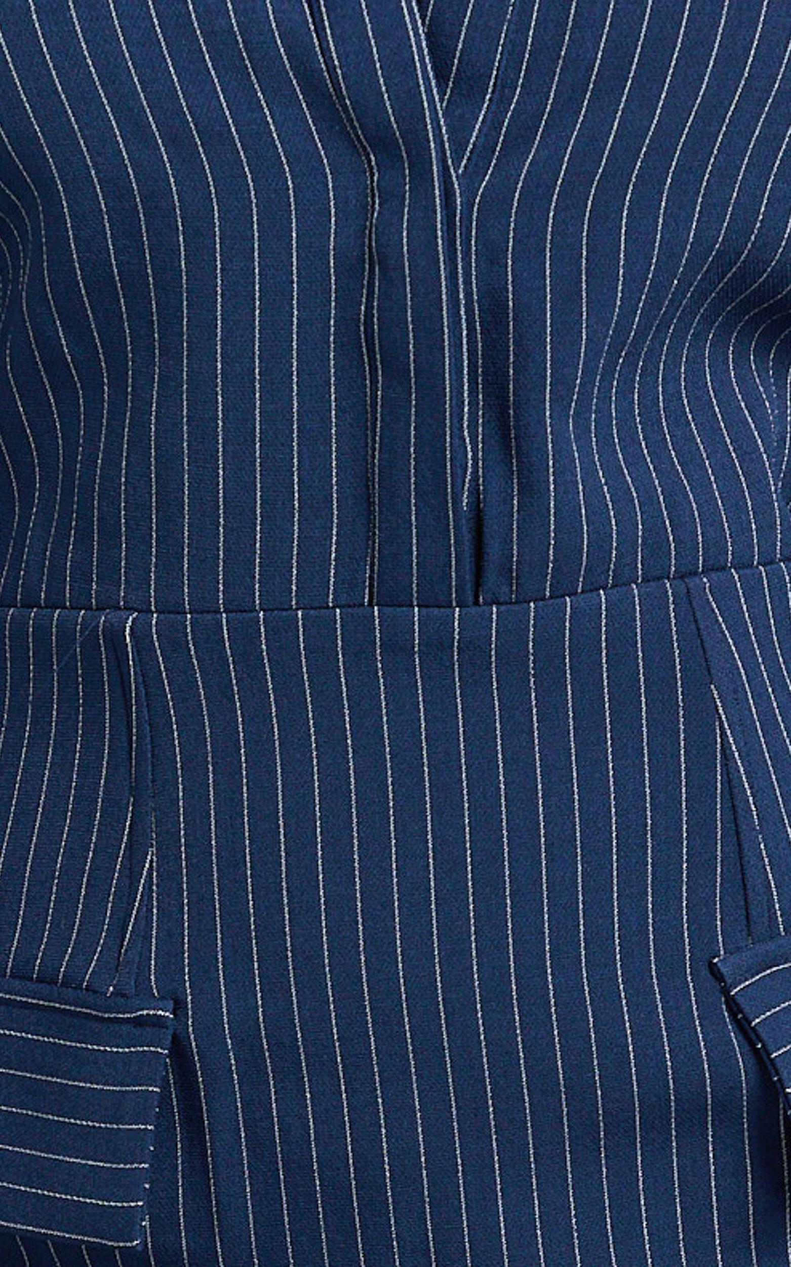 Ophelia Midi Dress - Collared Pinstripe Long Sleeve Fitted Dress in Navy Product Image