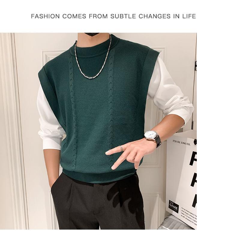 Long Sleeve Mock Neck Mock Two Piece Panel Cable Knit Top Product Image